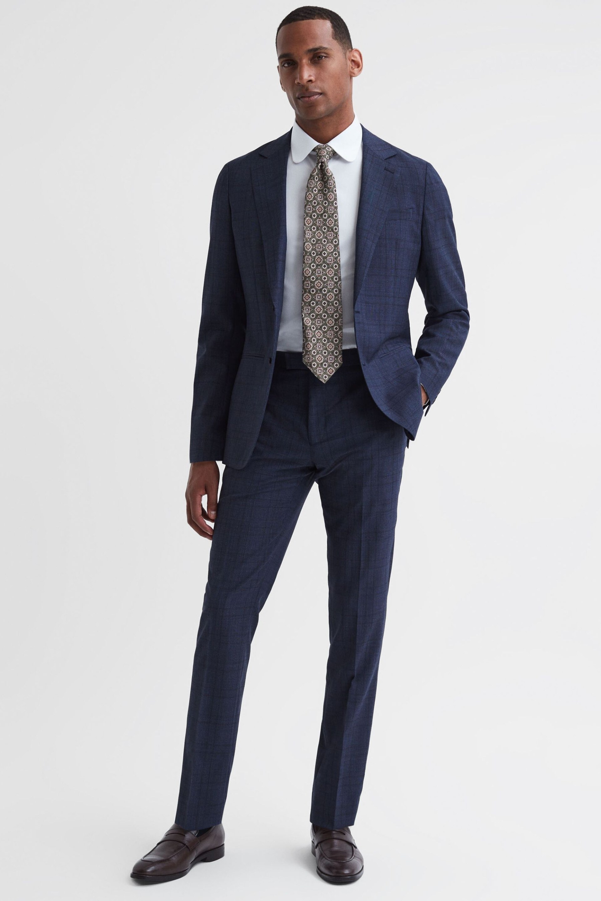 Reiss Indigo City Slim Fit Wool Checked Trousers - Image 1 of 4