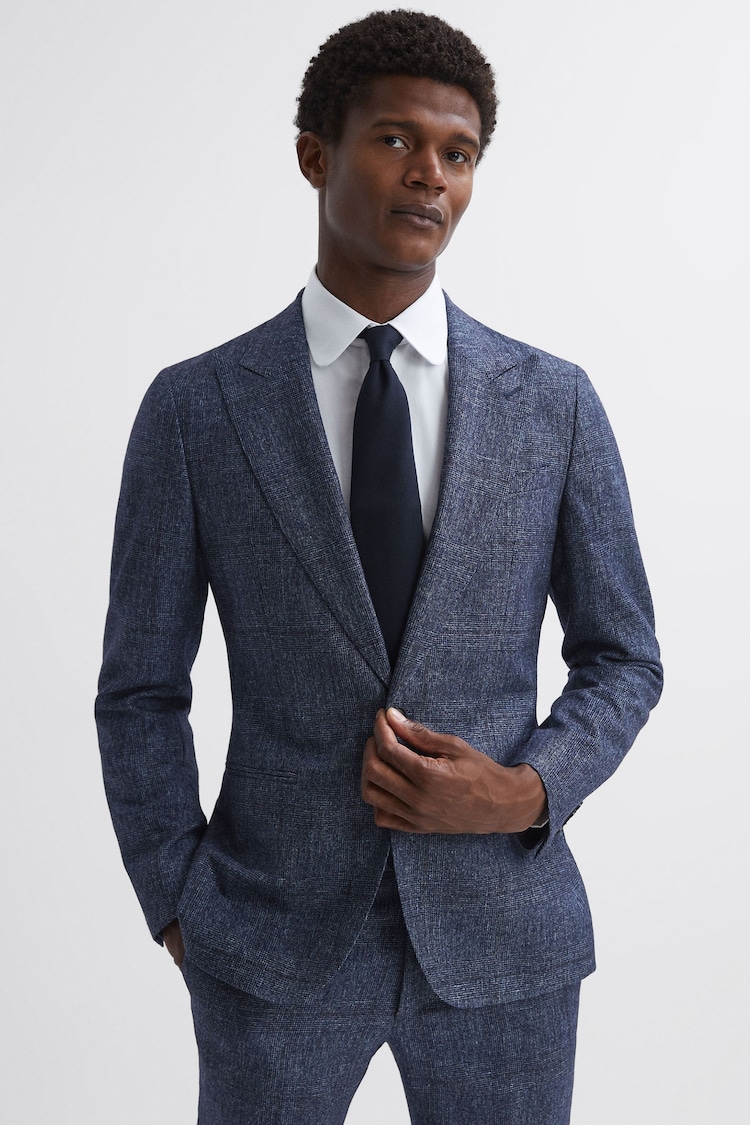 Reiss Indigo Barrett Slim Fit Single Breasted Wool-Linen Check Blazer - Image 1 of 6