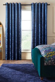 Navy Blue Cut Velvet Eyelet Lined Curtains - Image 1 of 6