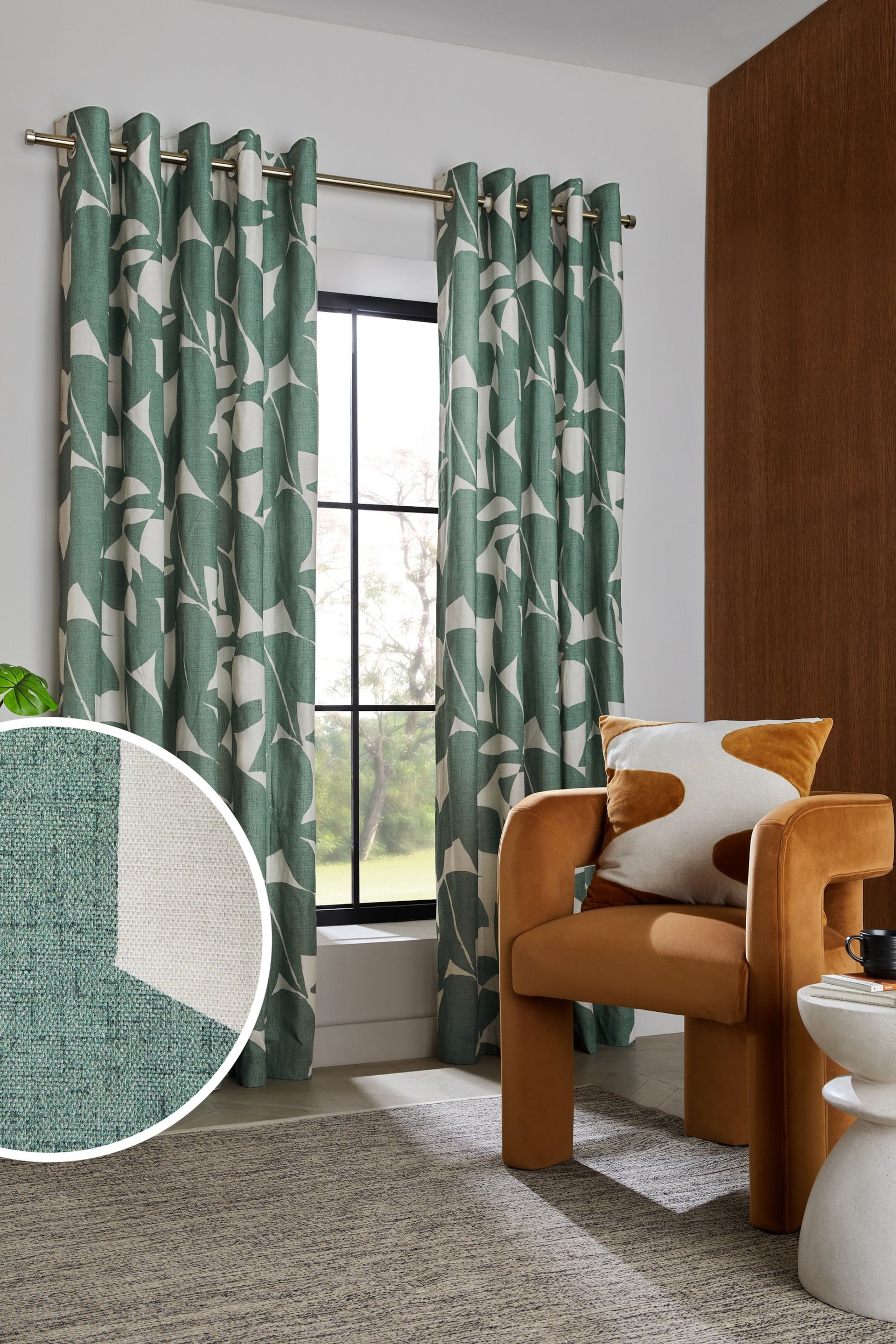 Teal Green Overscale Leaf Eyelet Lined Curtains - Image 1 of 5