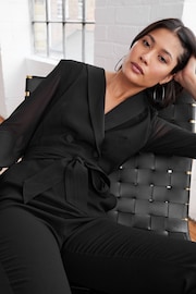 Black Sheer Sleeve Tuxedo Jumpsuit - Image 3 of 8