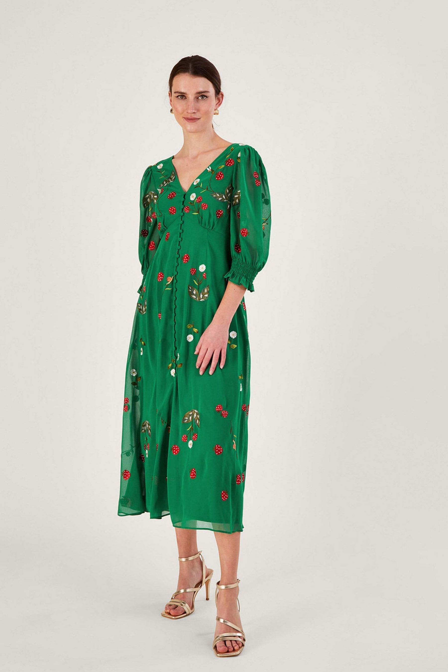 Buy Monsoon Green Simone Button Through Embroidered Dress in Recycled Polyester from Next Luxembourg