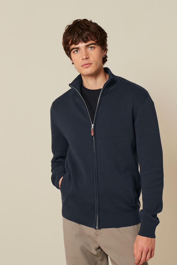 Navy Blue Plain Regular Fit 100% Cotton Premium Zip-Through Jumper - Image 1 of 7