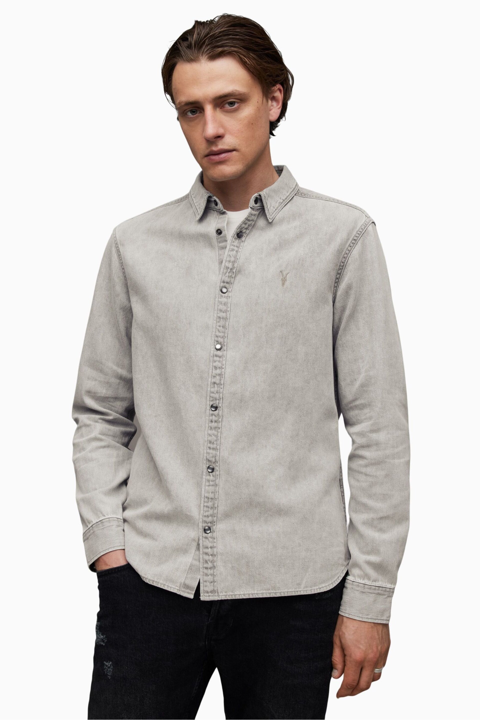 AllSaints Grey Gleason Long Sleeve Shirt - Image 1 of 6