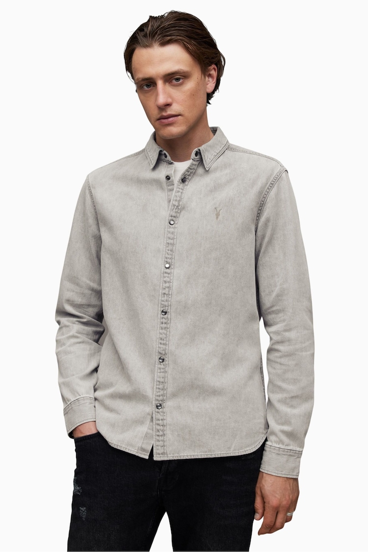 AllSaints Grey Gleason Long Sleeve 100% Cotton Shirt - Image 1 of 6