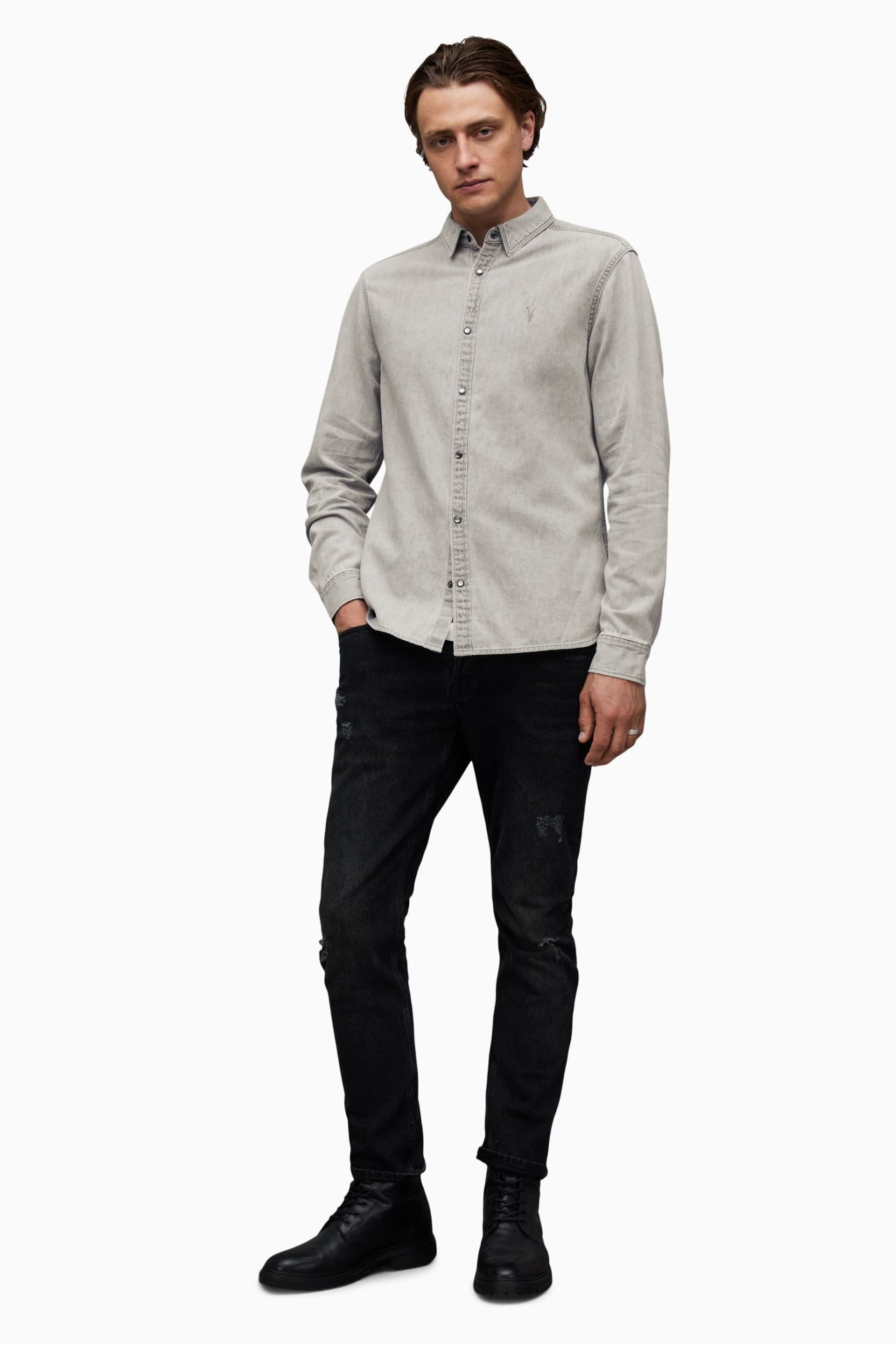 AllSaints Grey Gleason Long Sleeve Shirt - Image 3 of 6