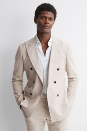 Reiss Oatmeal Craft Double Breasted Cotton-Linen Check Blazer - Image 1 of 6