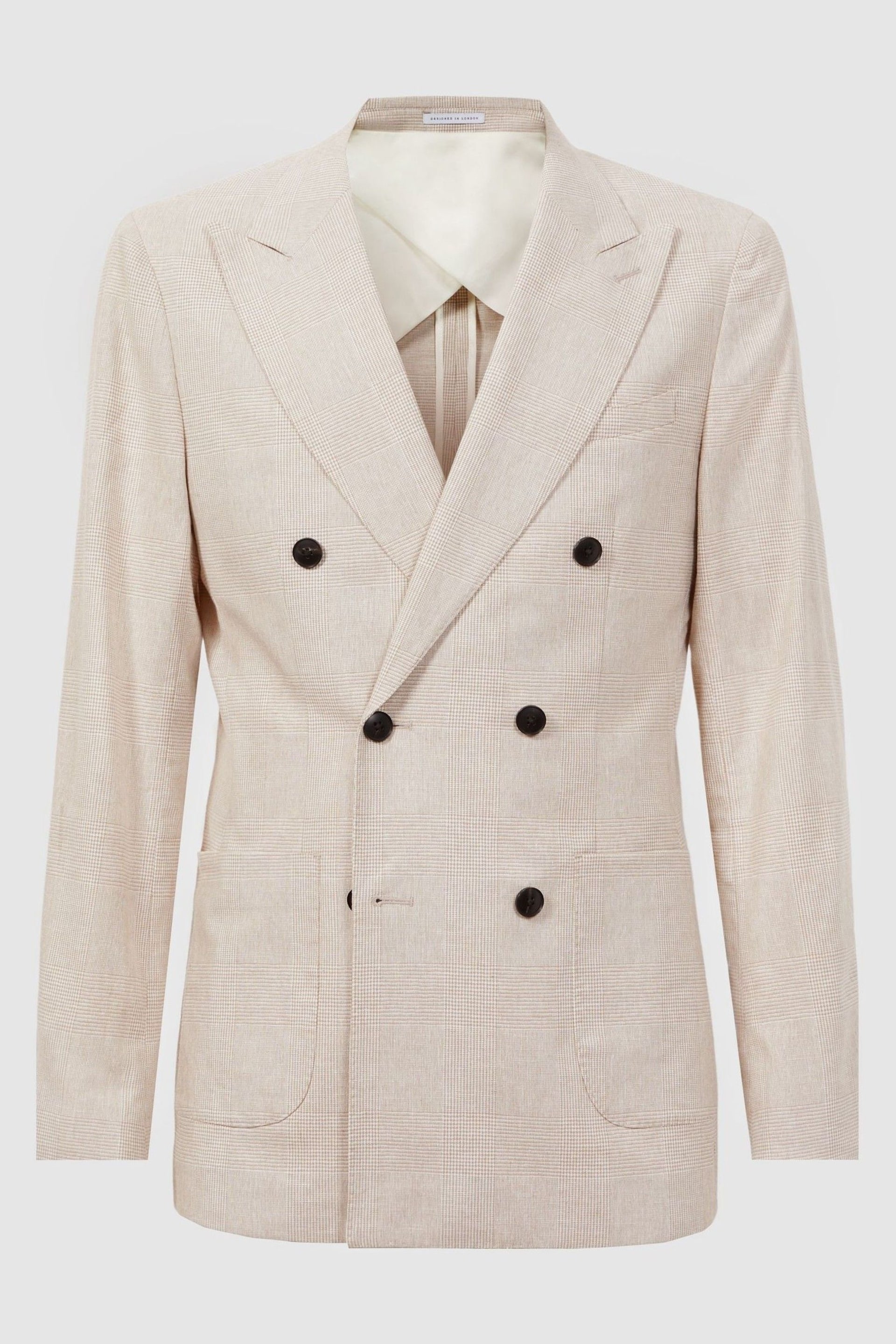Reiss Oatmeal Craft Double Breasted Cotton-Linen Check Blazer - Image 2 of 6