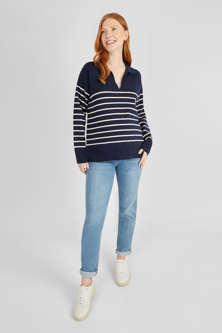 JoJo Maman Bébé Navy Stripe Collared Maternity & Nursing Jumper - Image 2 of 4