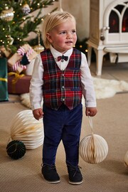 JoJo Maman Bébé Navy Boys' Tartan Waistcoat, Shirt & Cord Trousers Set With Bow Tie - Image 1 of 11