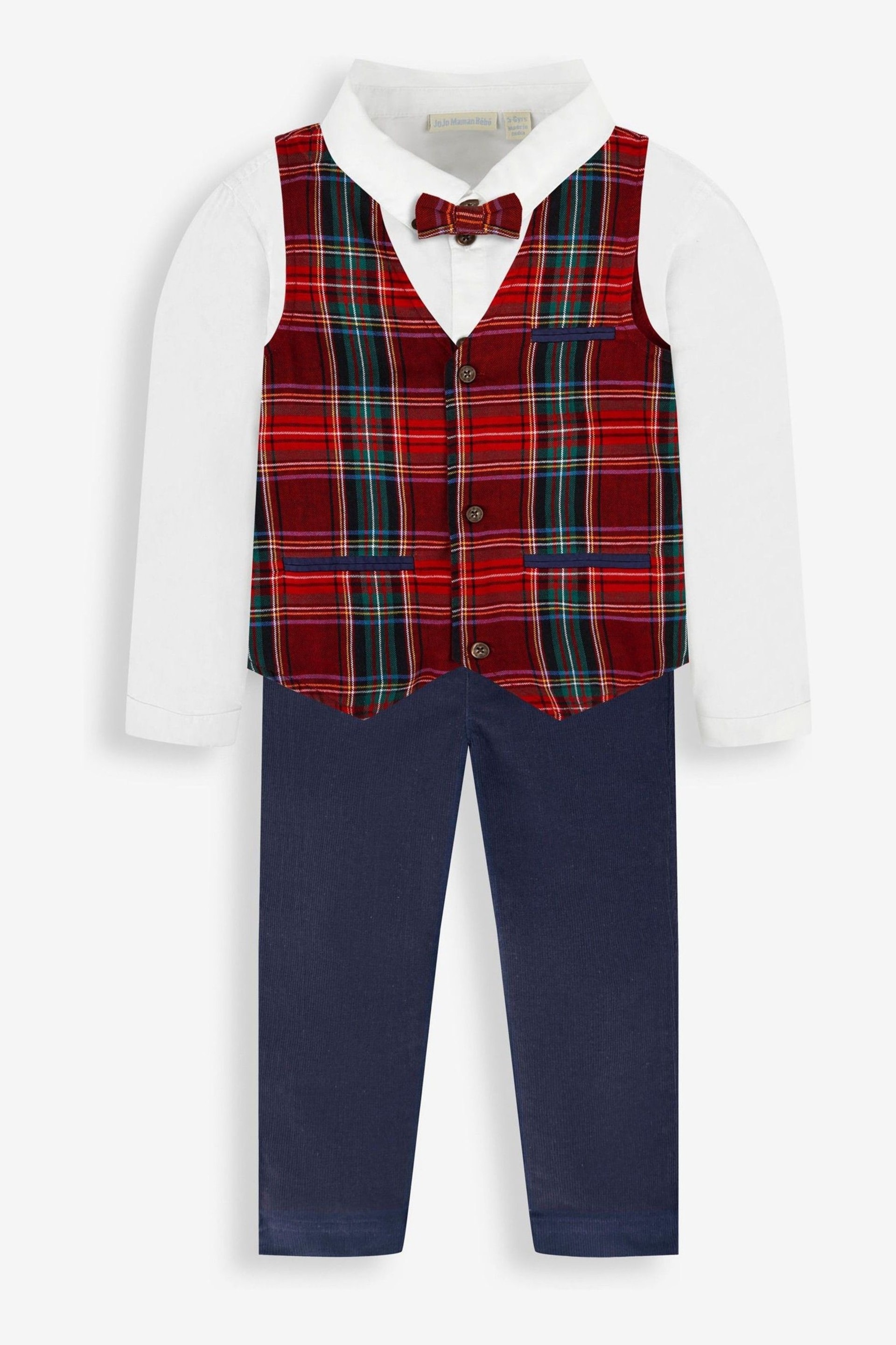 JoJo Maman Bébé Navy Boys' Tartan Waistcoat, Shirt & Cord Trousers Set With Bow Tie - Image 3 of 9