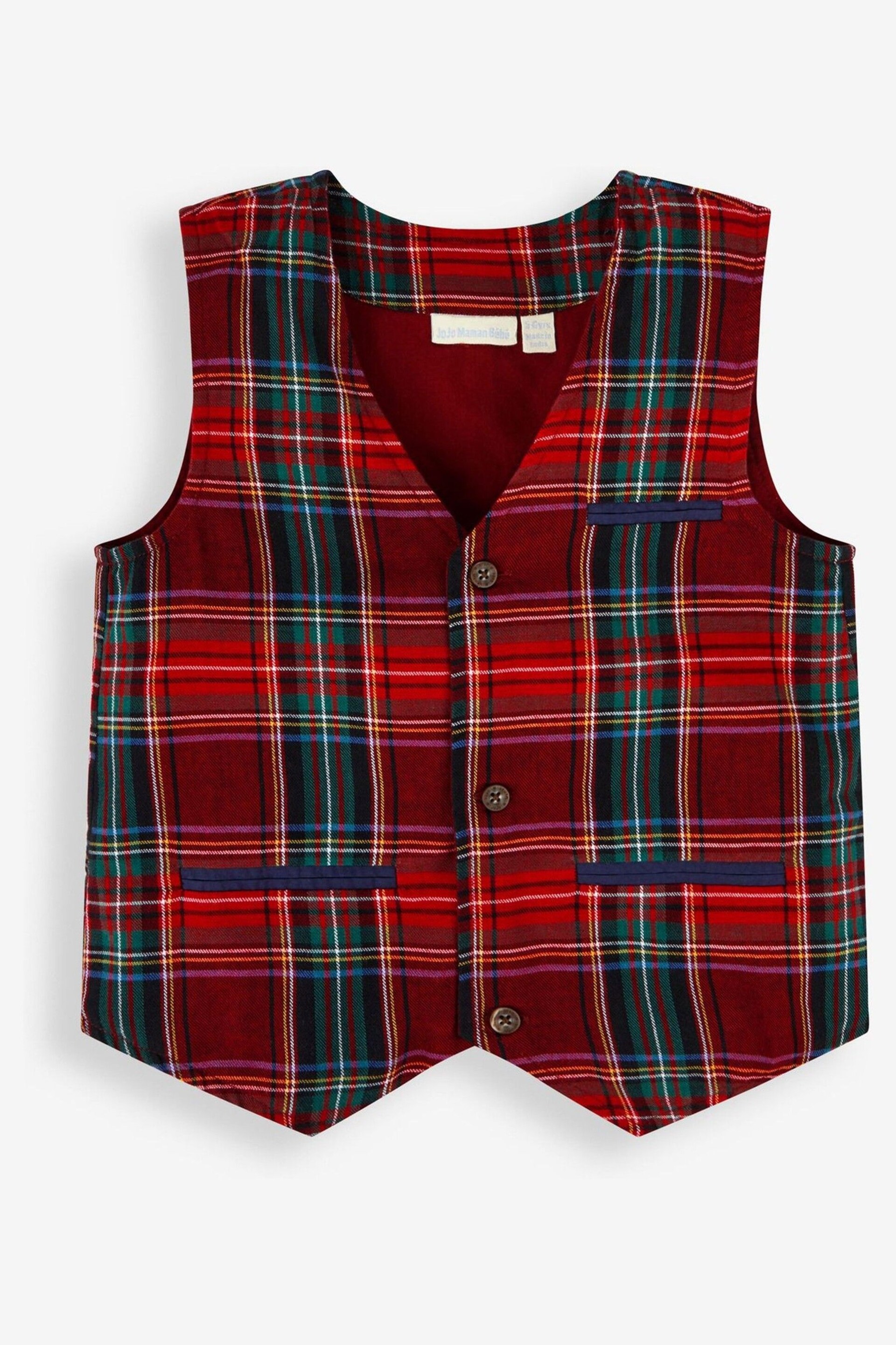 JoJo Maman Bébé Navy Boys' Tartan Waistcoat, Shirt & Cord Trousers Set With Bow Tie - Image 5 of 9