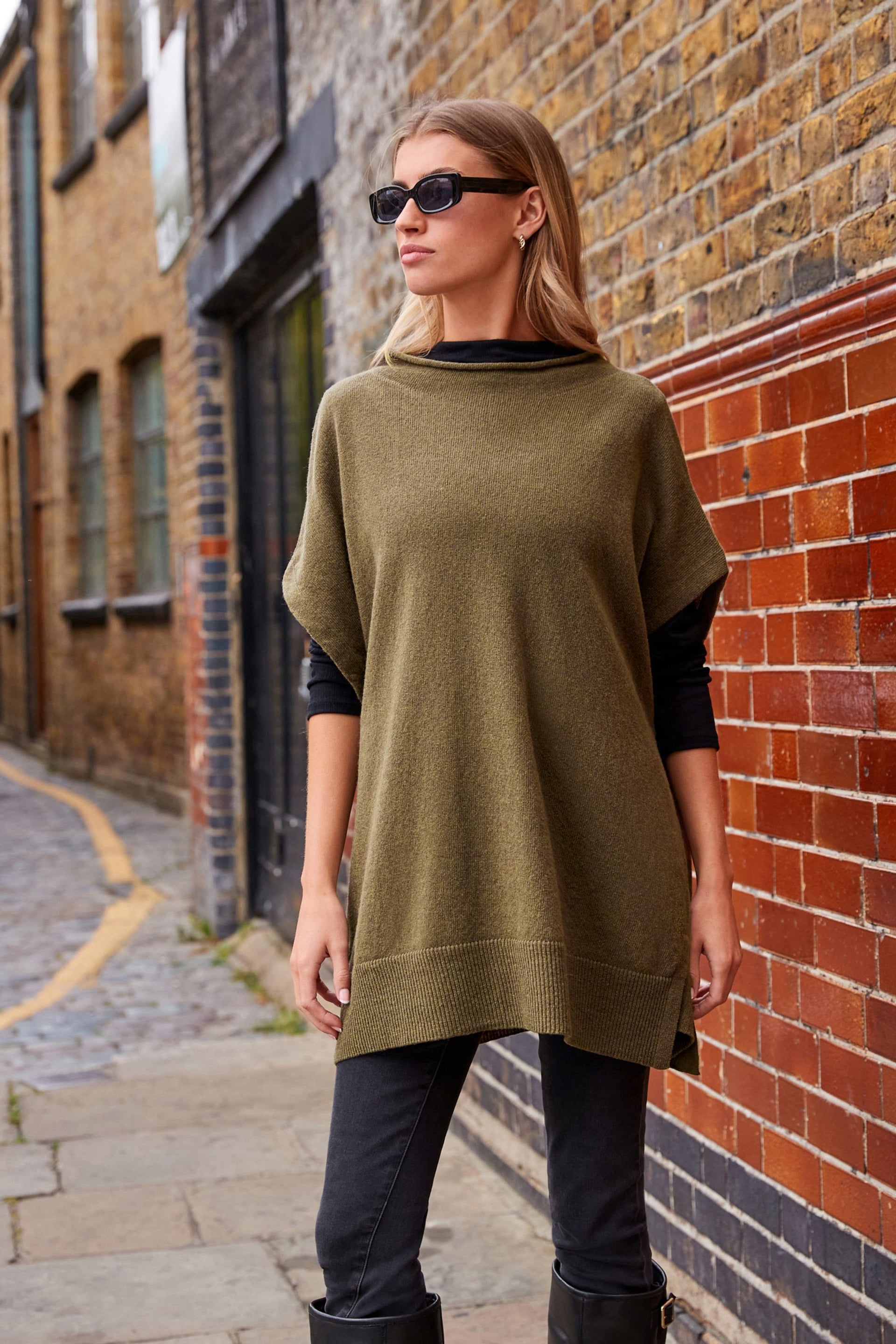 Khaki Green Lambswool Blend Knitted Poncho - Image 2 of 10