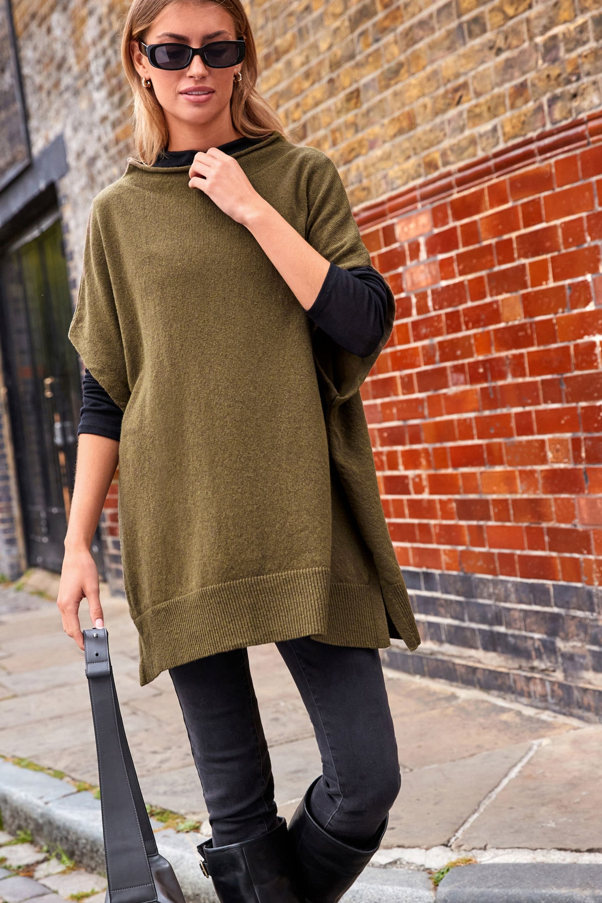 Khaki Green Lambswool Blend Knitted Poncho - Image 4 of 10