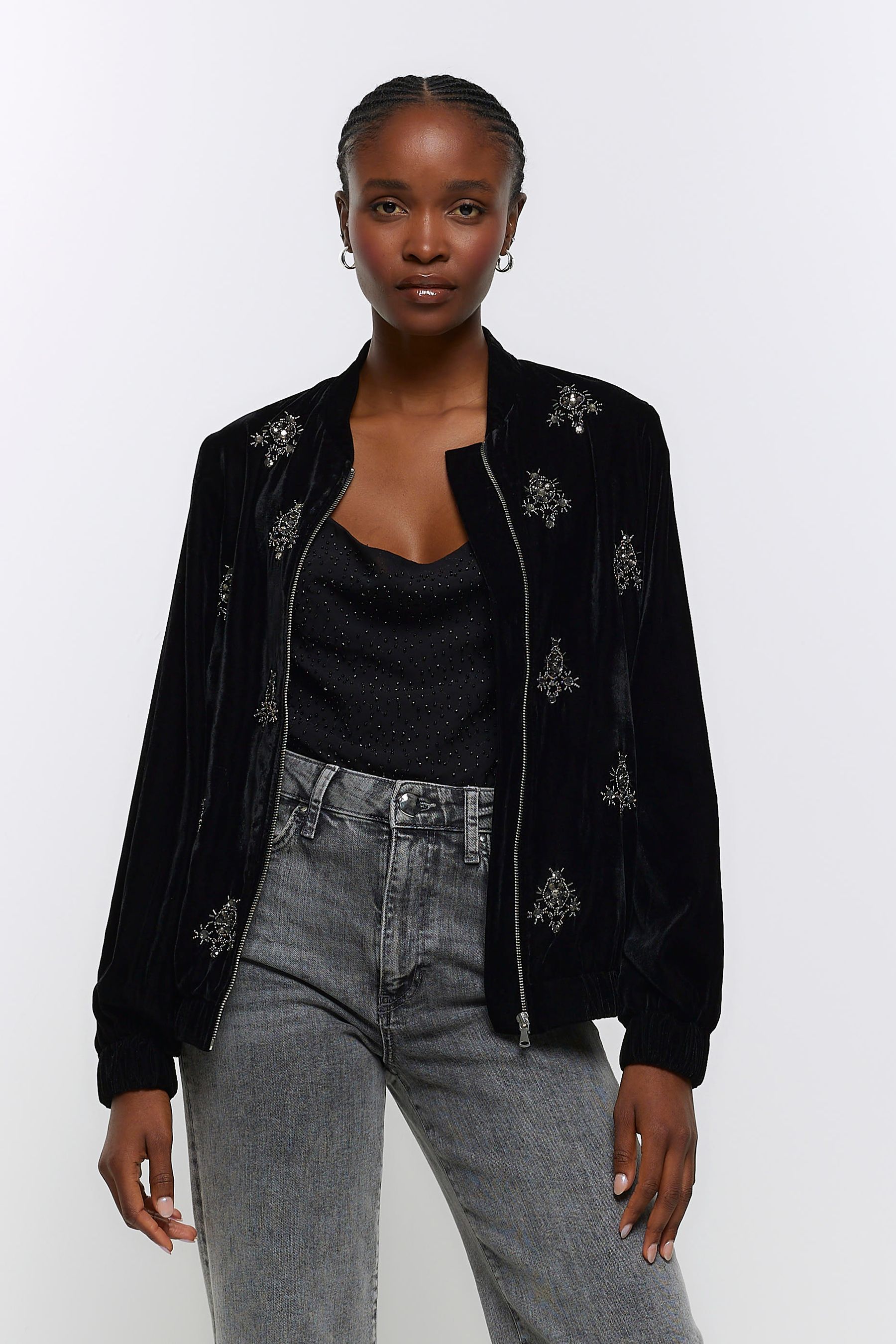 Buy River Island Black Velvet Embellished Bomber Jacket from Next Luxembourg