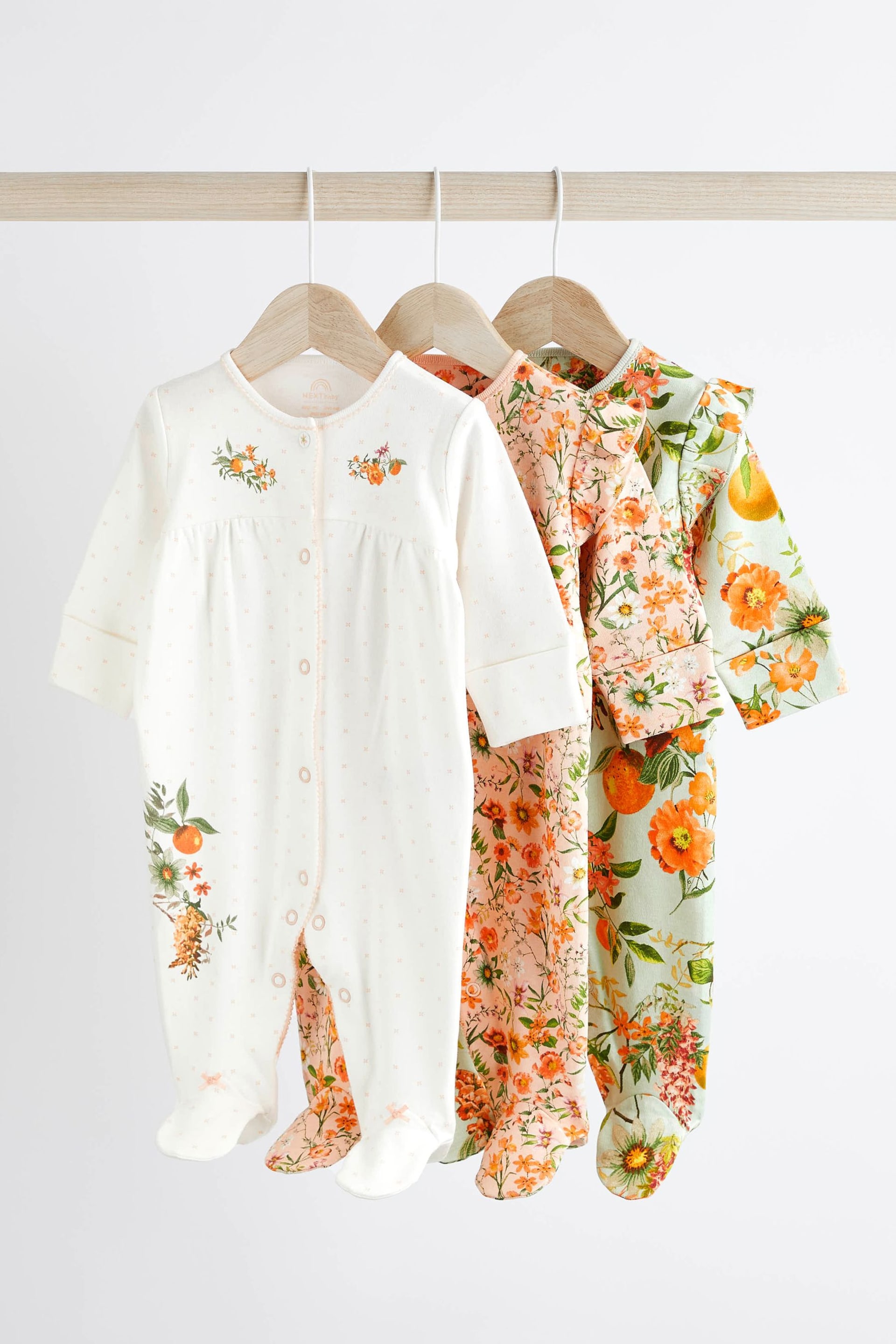 Peach Pink Baby Floral Sleepsuit 3 Pack - Image 1 of 14