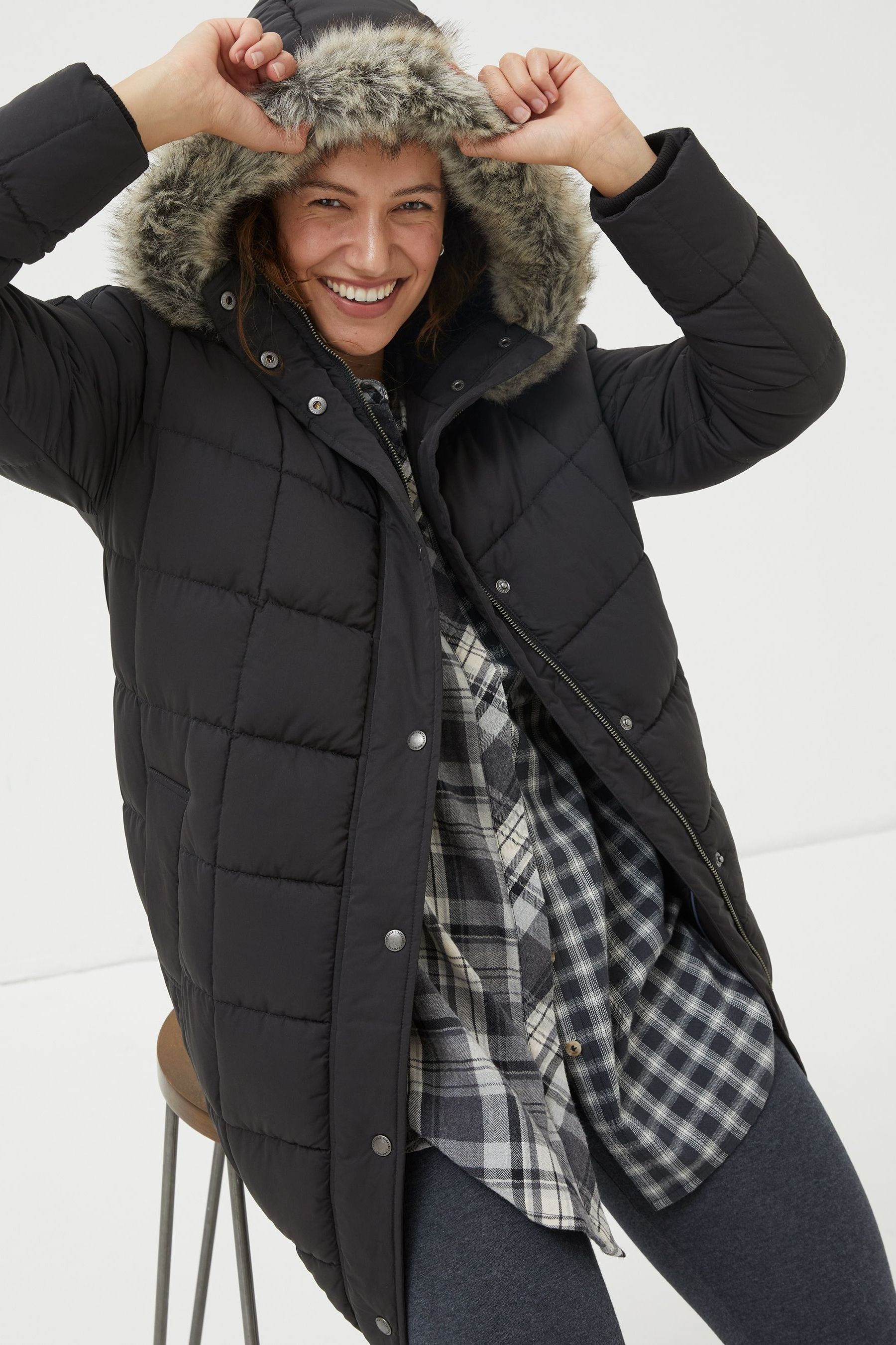Buy FatFace Black Sienna Quilted Mid Length Coat from Next Luxembourg