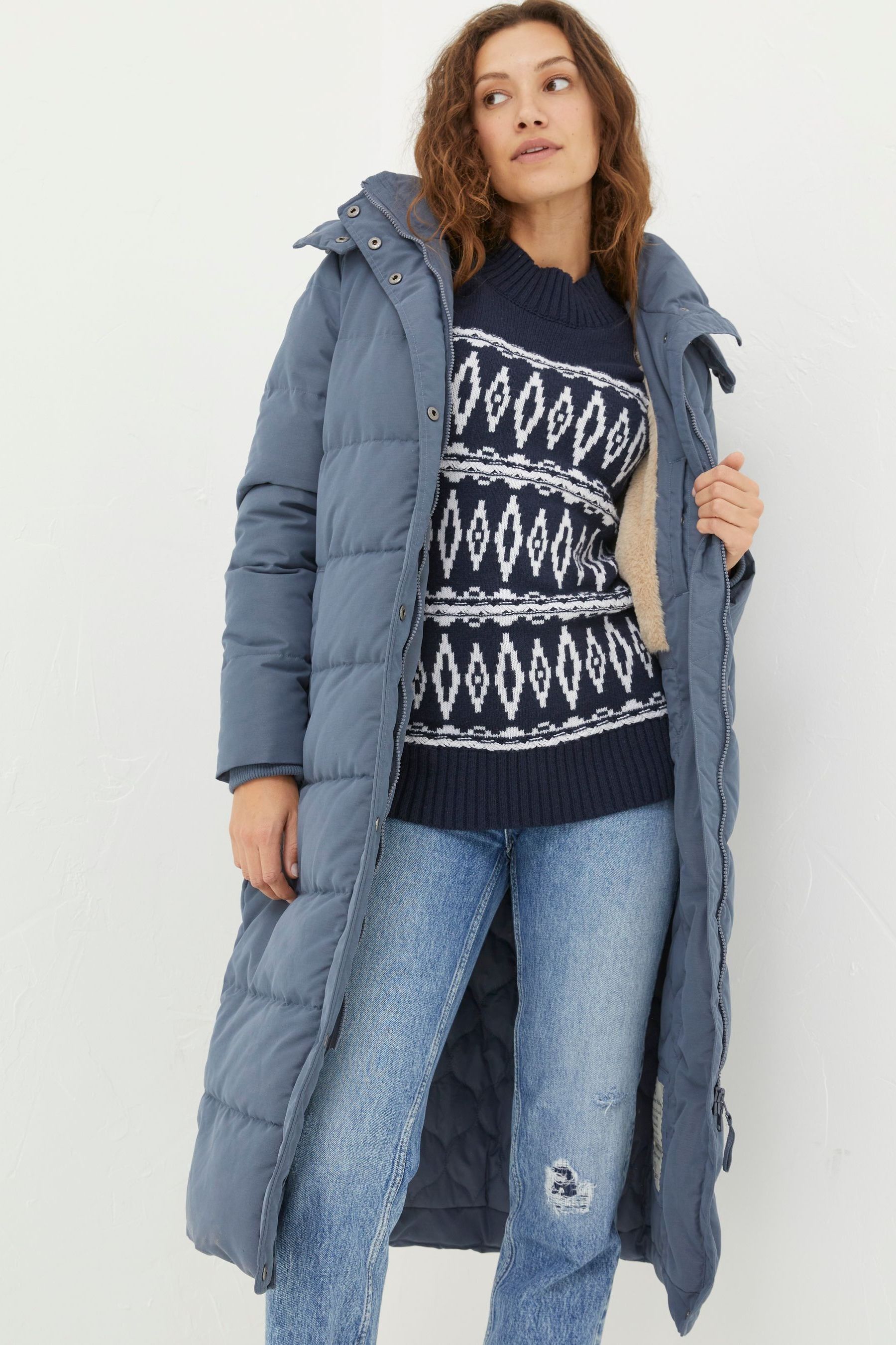 Fat face cumbria long puffer jacket navy top