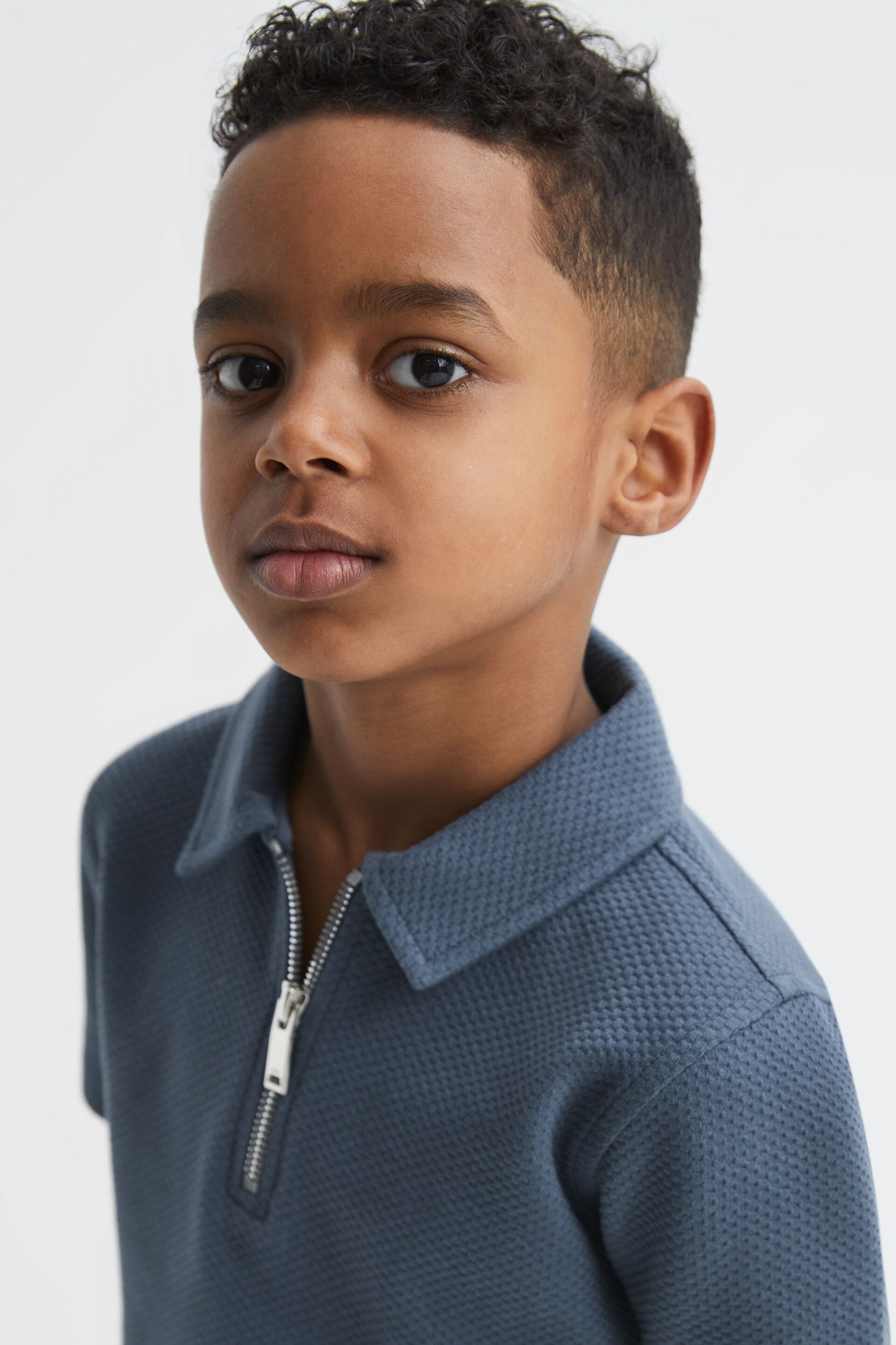 Reiss Airforce Blue Creed Junior Textured Half-Zip Polo Shirt - Image 4 of 6