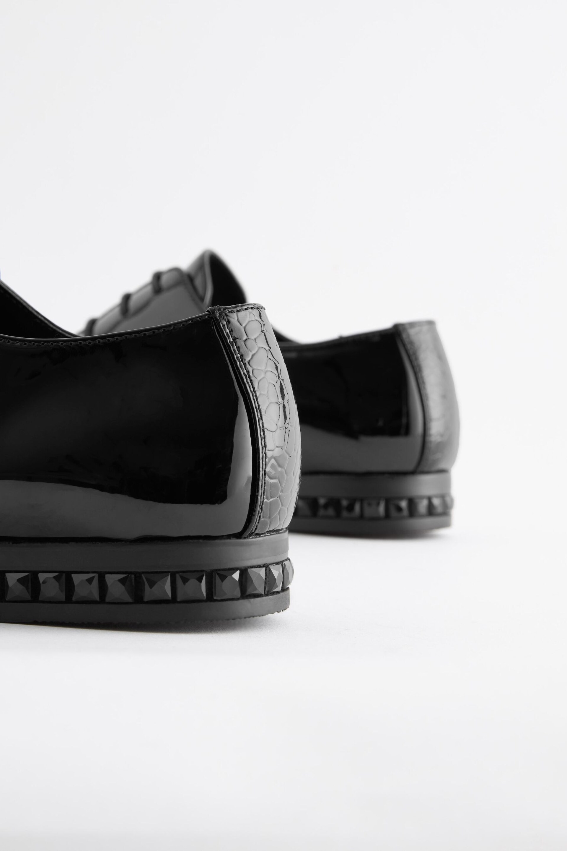 Black High Shine Jewel Trim Patent Derby Shoes - Image 4 of 5