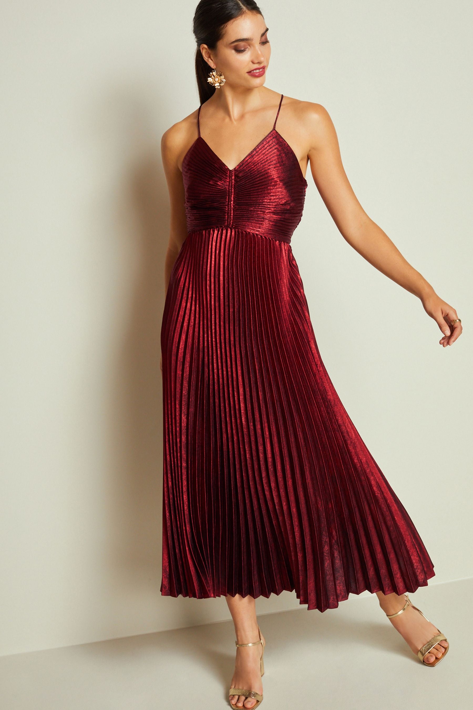 Metallic pleated midi dress hot sale