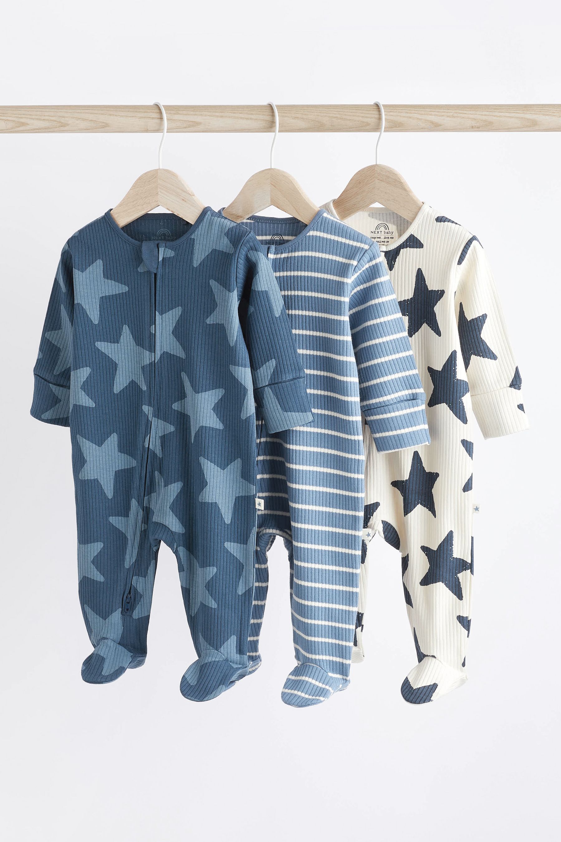 Buy Navy Blue Star Baby 100 Cotton Zip Sleepsuits 3 Pack 0mths 2yrs from the Next UK online shop