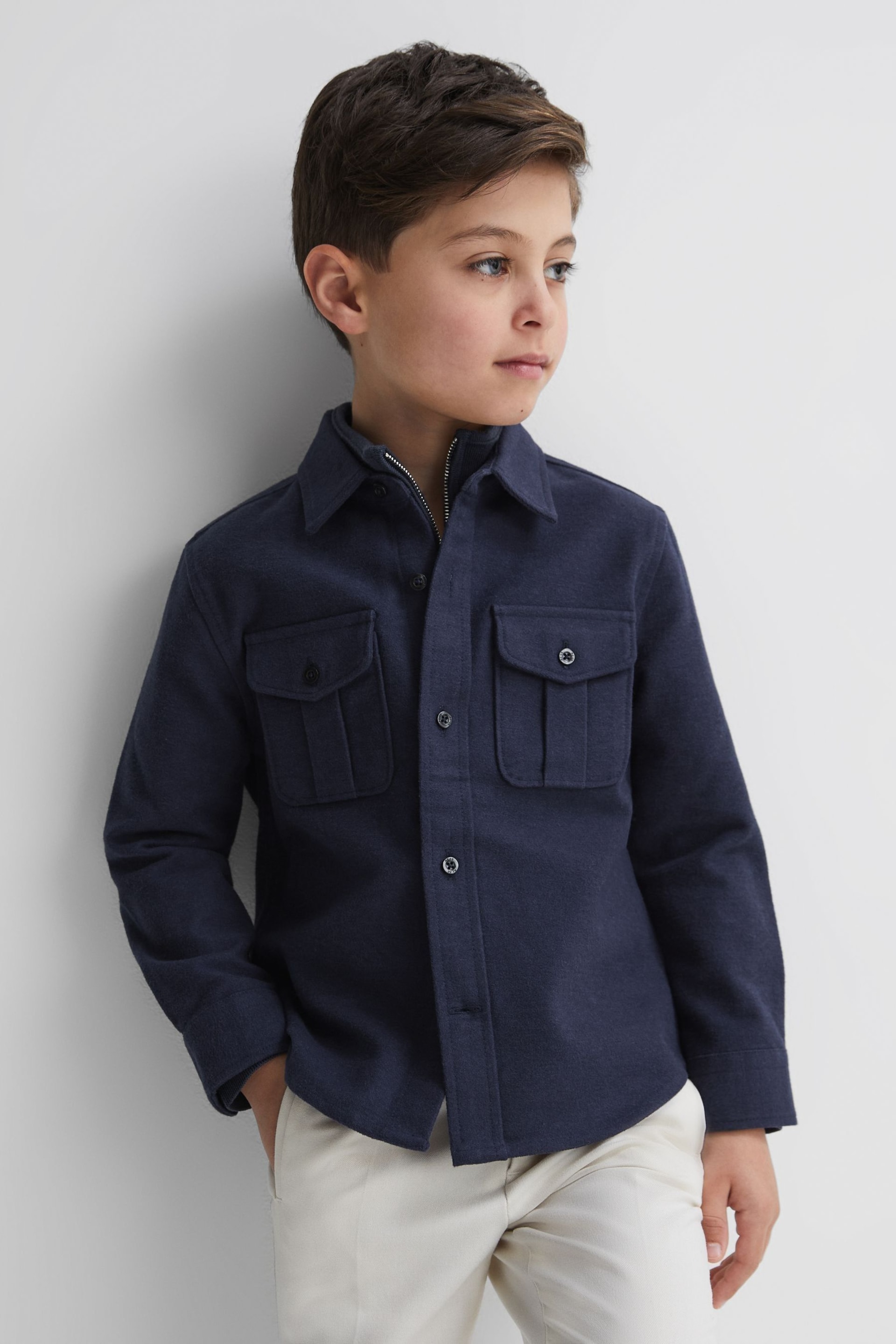 Reiss Eclipse Blue Thomas Junior Brushed Cotton Patch Pocket Overshirt - Image 1 of 6