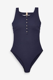 Navy Blue Rib High Neck Tummy Shaping Control Popper Swimsuit - Image 9 of 9