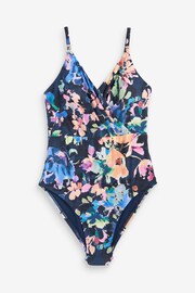 Navy Blue Floral Wrap Plunge Tummy Shaping Control Swimsuit - Image 7 of 7