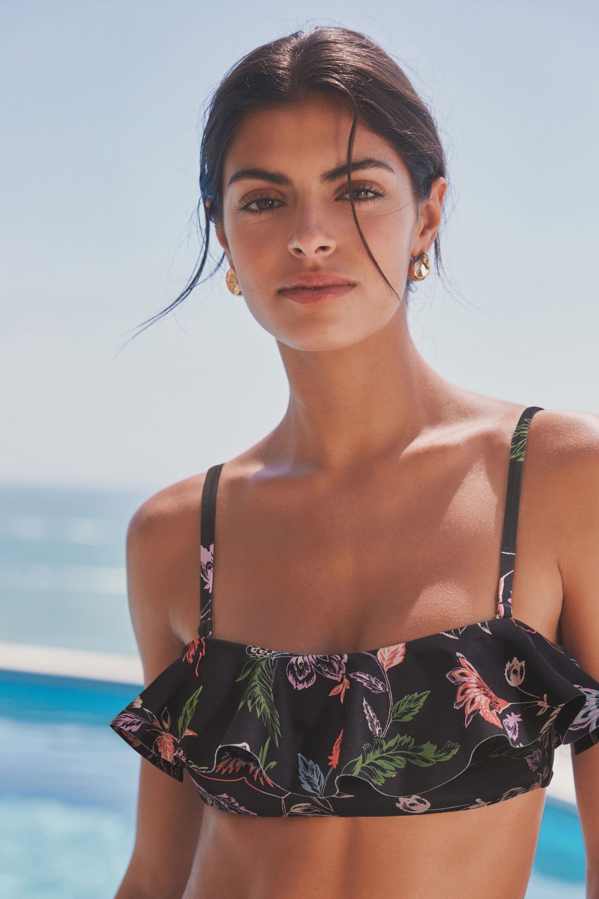 Black Floral Ruffle Bandeau Bikini Top - Image 1 of 7