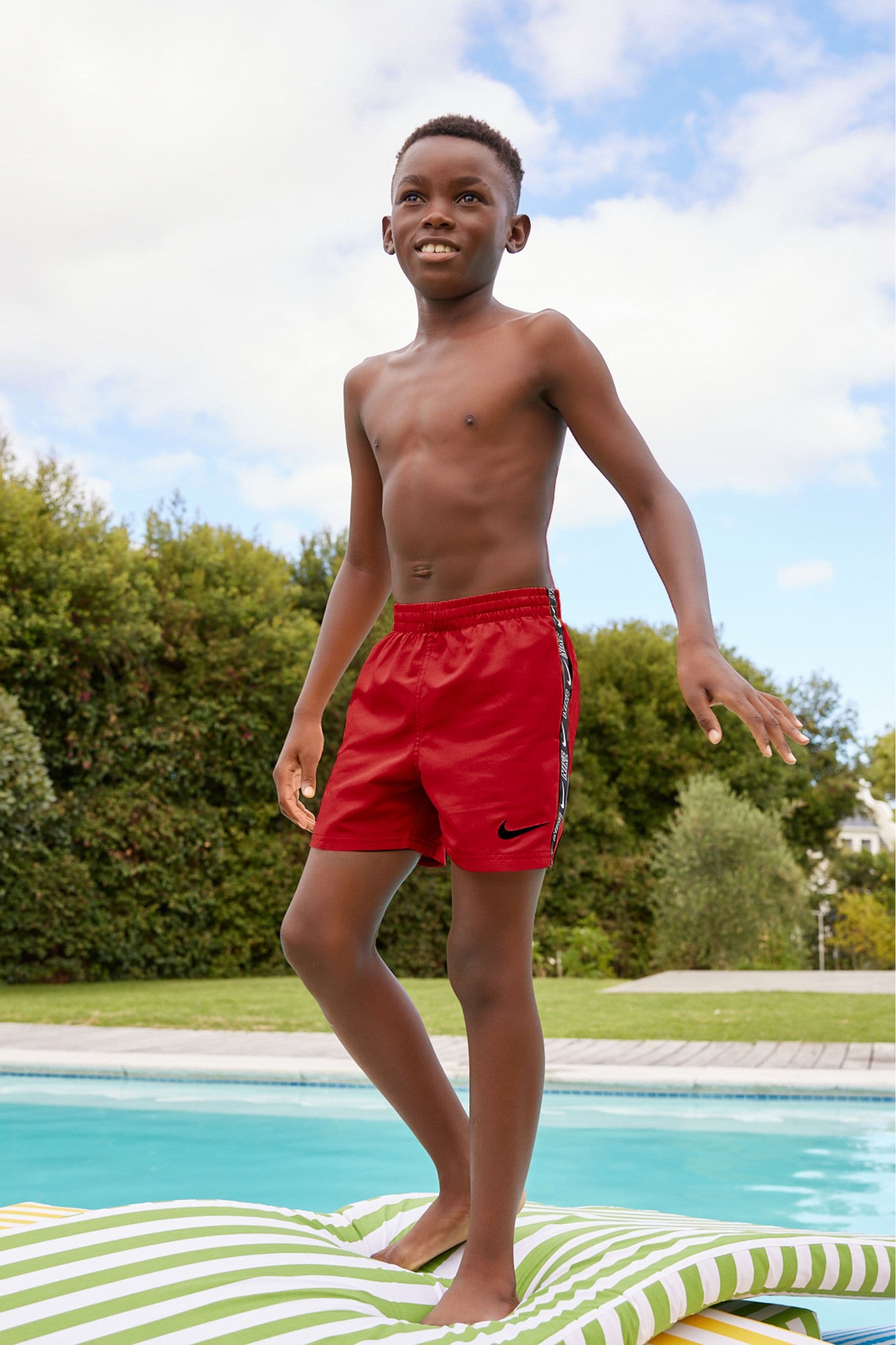 Nike Red Swim Logo Tape 4 Inch Volley Shorts