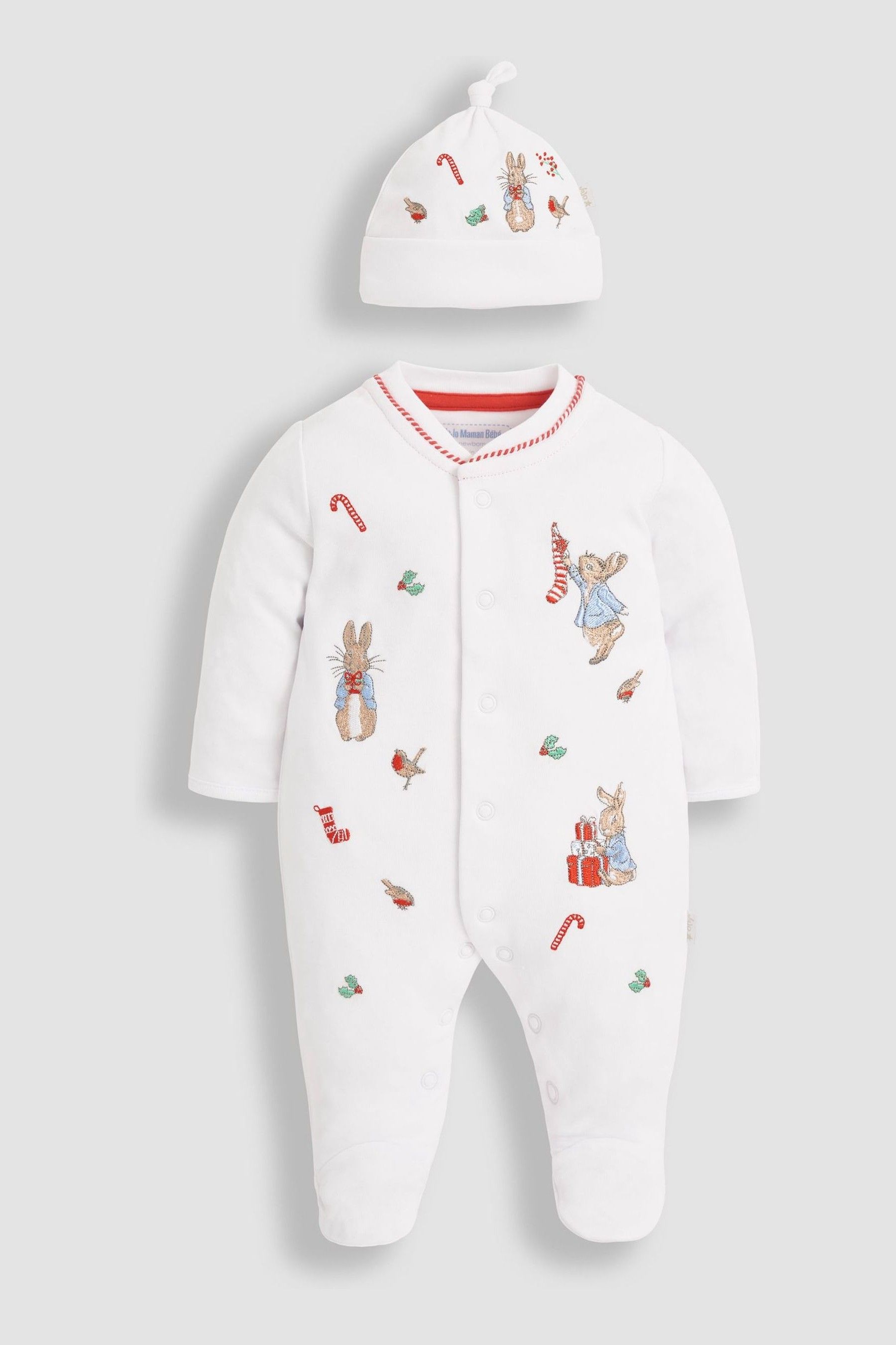 Buy JoJo Maman Bebe White Peter Rabbit Christmas Cotton Baby Sleepsuit Hat Set from the Next UK online shop