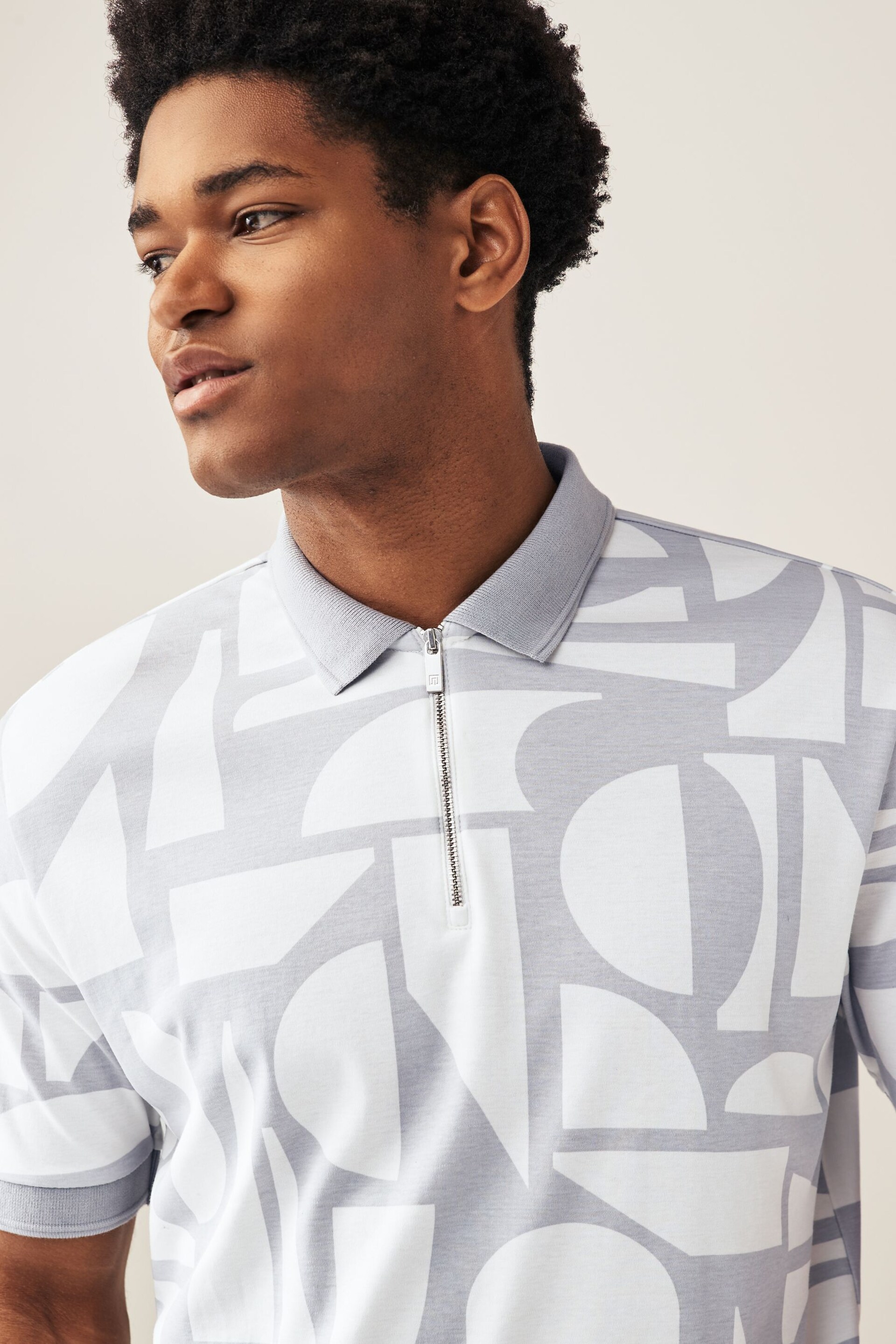 Grey Print Polo Shirt - Image 4 of 8