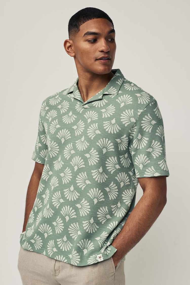 Green/White 100% Cotton Textured Print Polo Shirt - Image 2 of 8