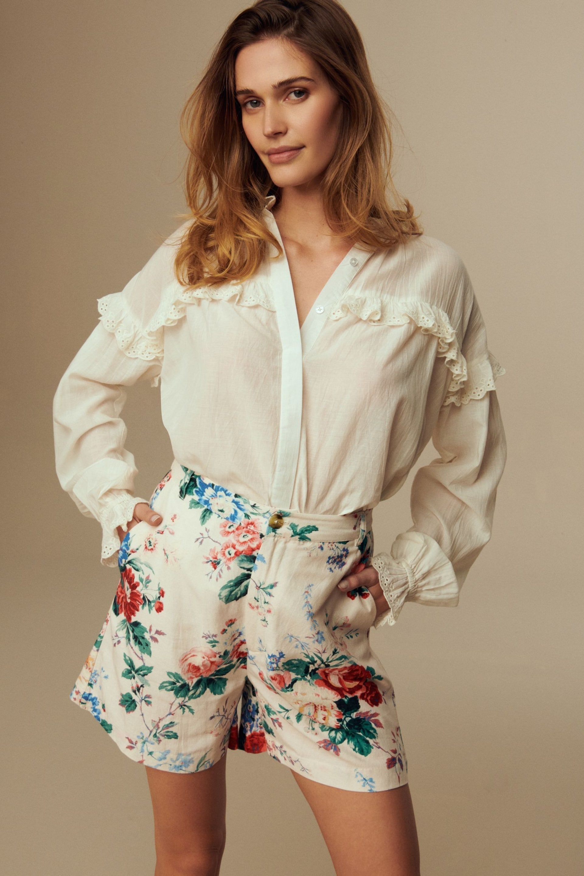 Laura Ashley Cream Linen Blend Floral Shorts - Image 1 of 5