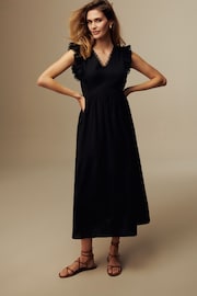 Laura Ashley Black Linen Blend Lace Trim Midaxi Dress - Image 1 of 3