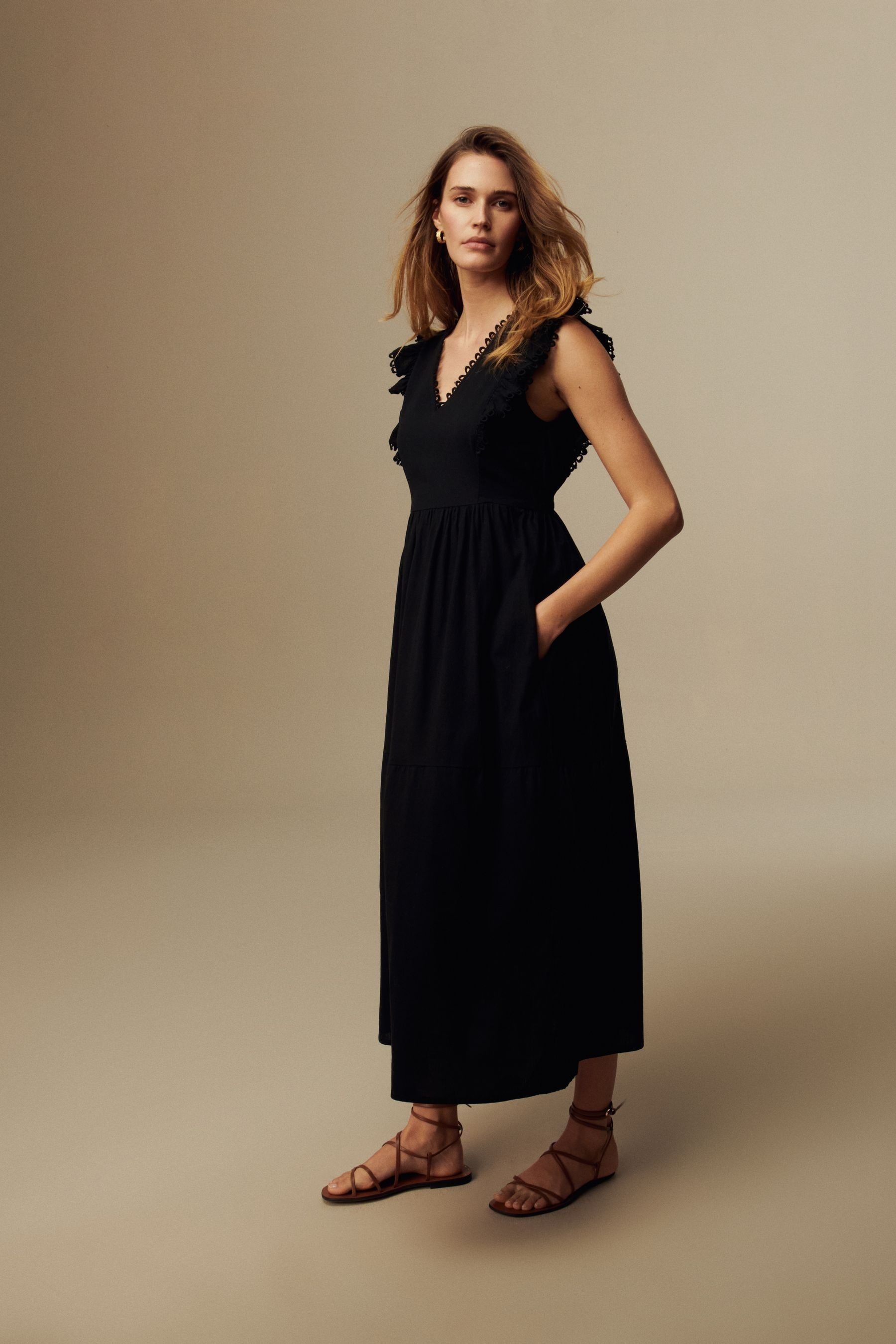 Buy Laura Ashley Black Linen Blend Lace Trim Midaxi Dress from the Next UK online shop