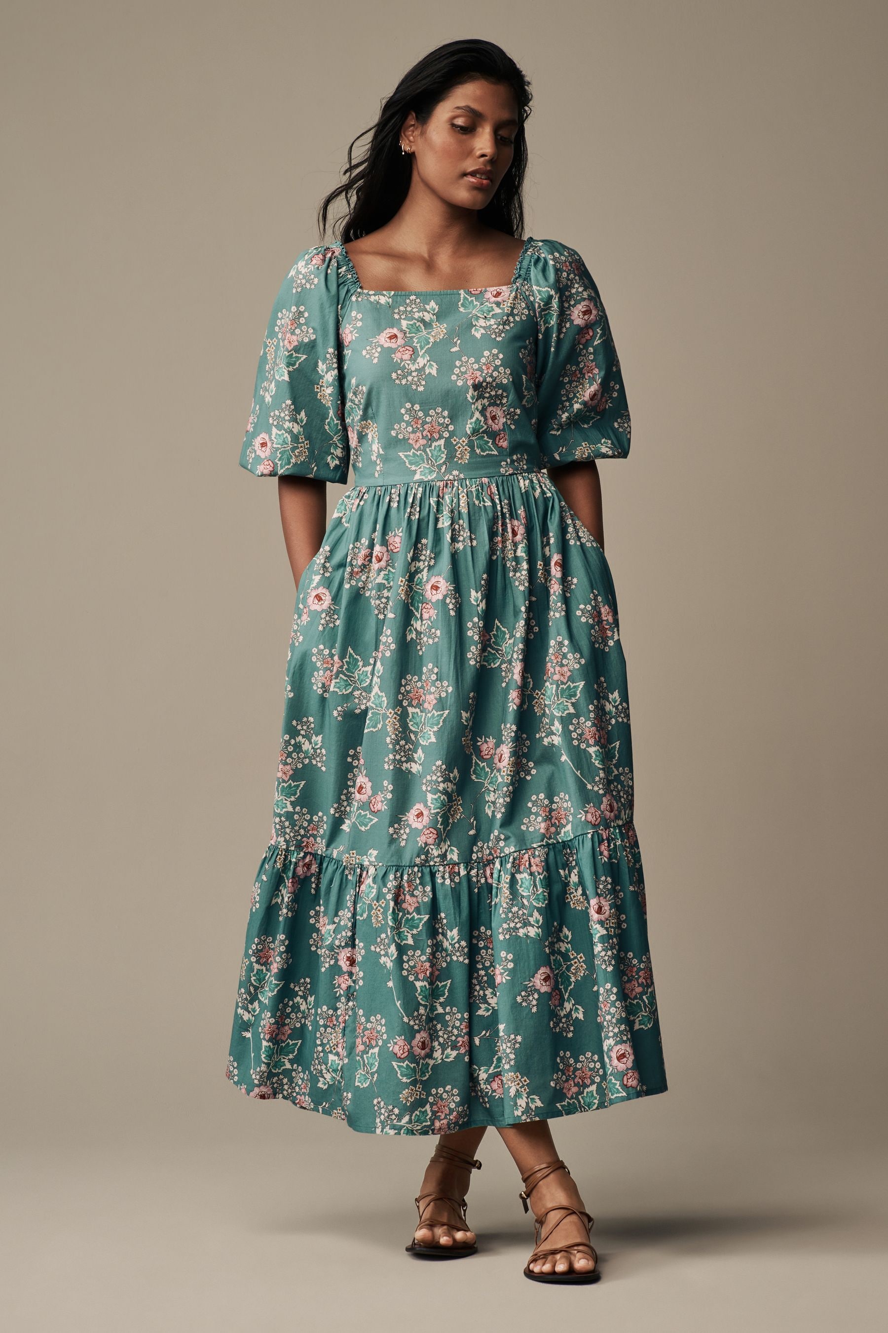 Buy Laura Ashley Green Tuttington Floral Square Neck Border Dress from Next Luxembourg