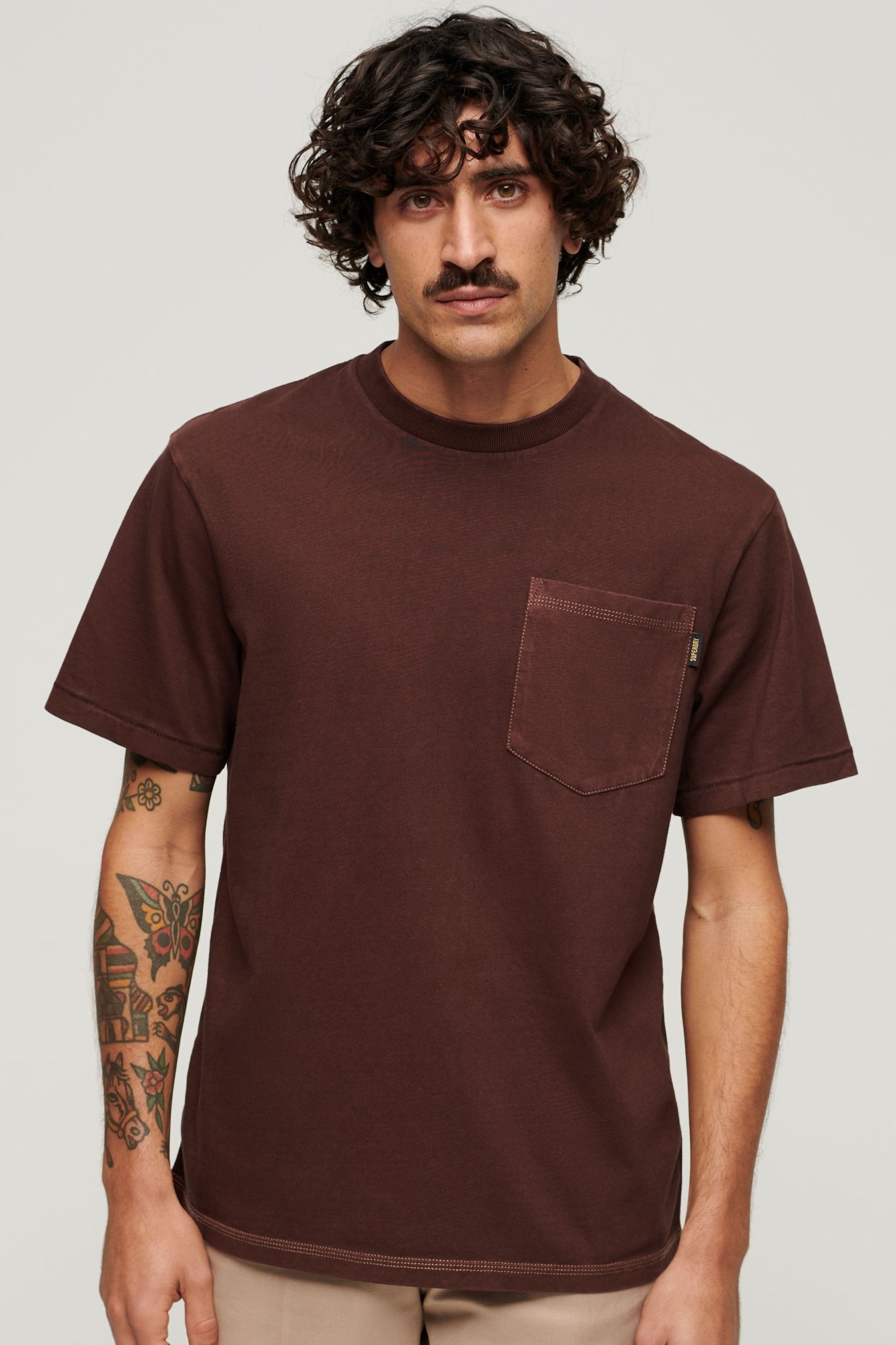 Superdry Brown Contrast Stitch Pocket T-Shirt - Image 1 of 7