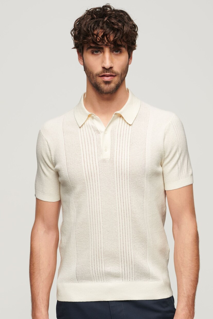 Superdry White Short Sleeve Knitted Polo Shirt - Image 1 of 7