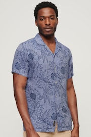 Superdry Blue Open Collar Print Linen Shirt - Image 1 of 6