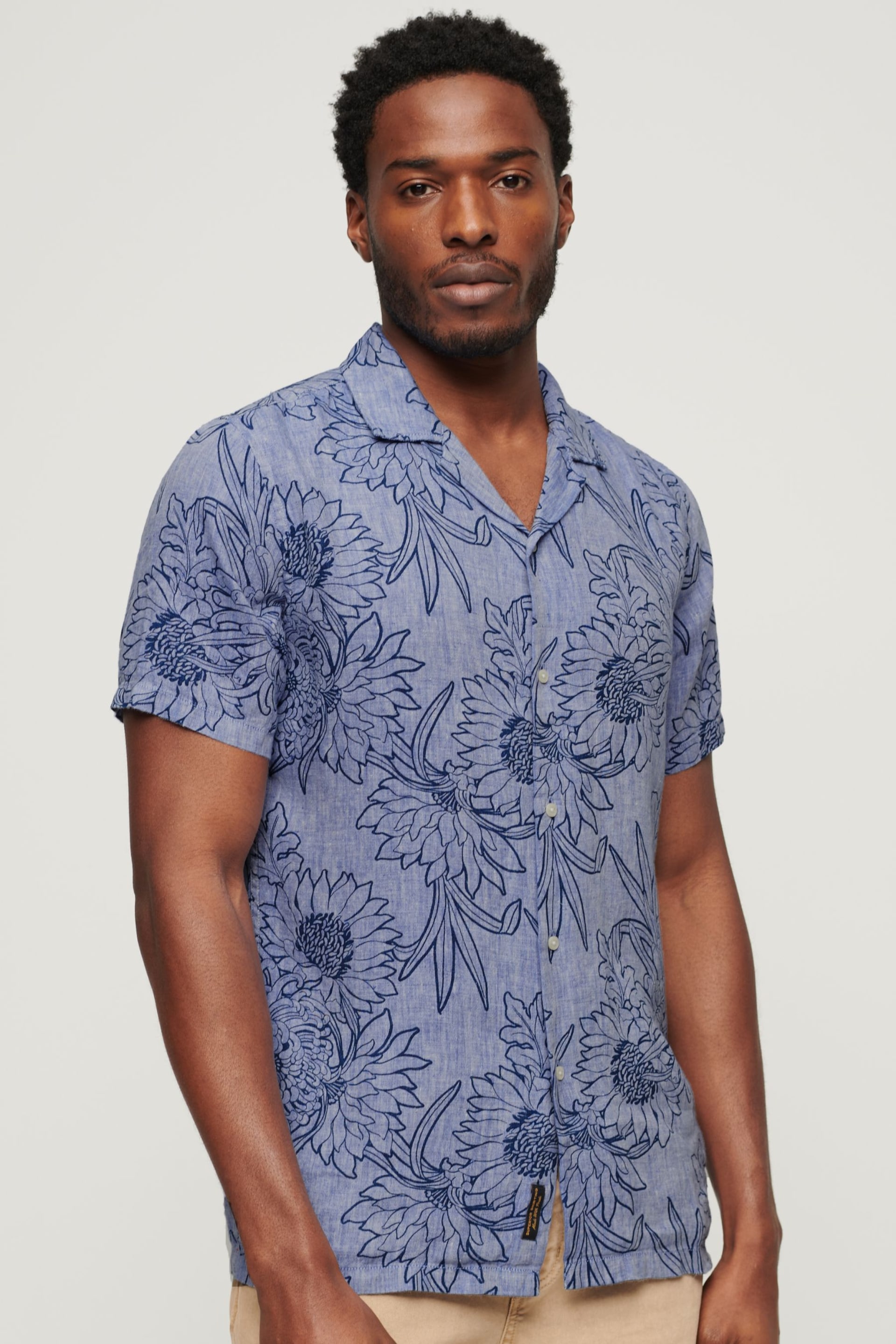 Superdry Blue Open Collar Print Linen Shirt - Image 1 of 6