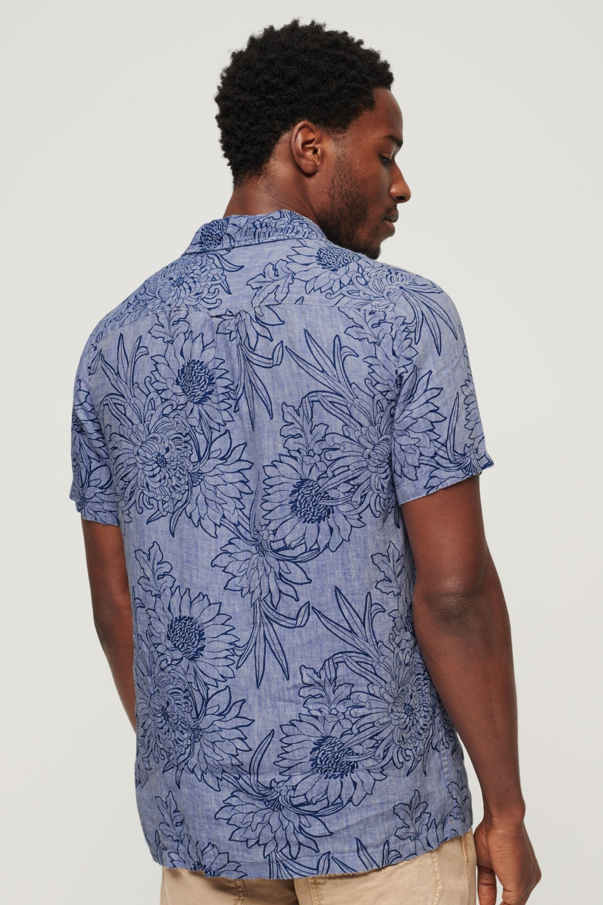 Superdry Blue Open Collar Print Linen Shirt - Image 2 of 6