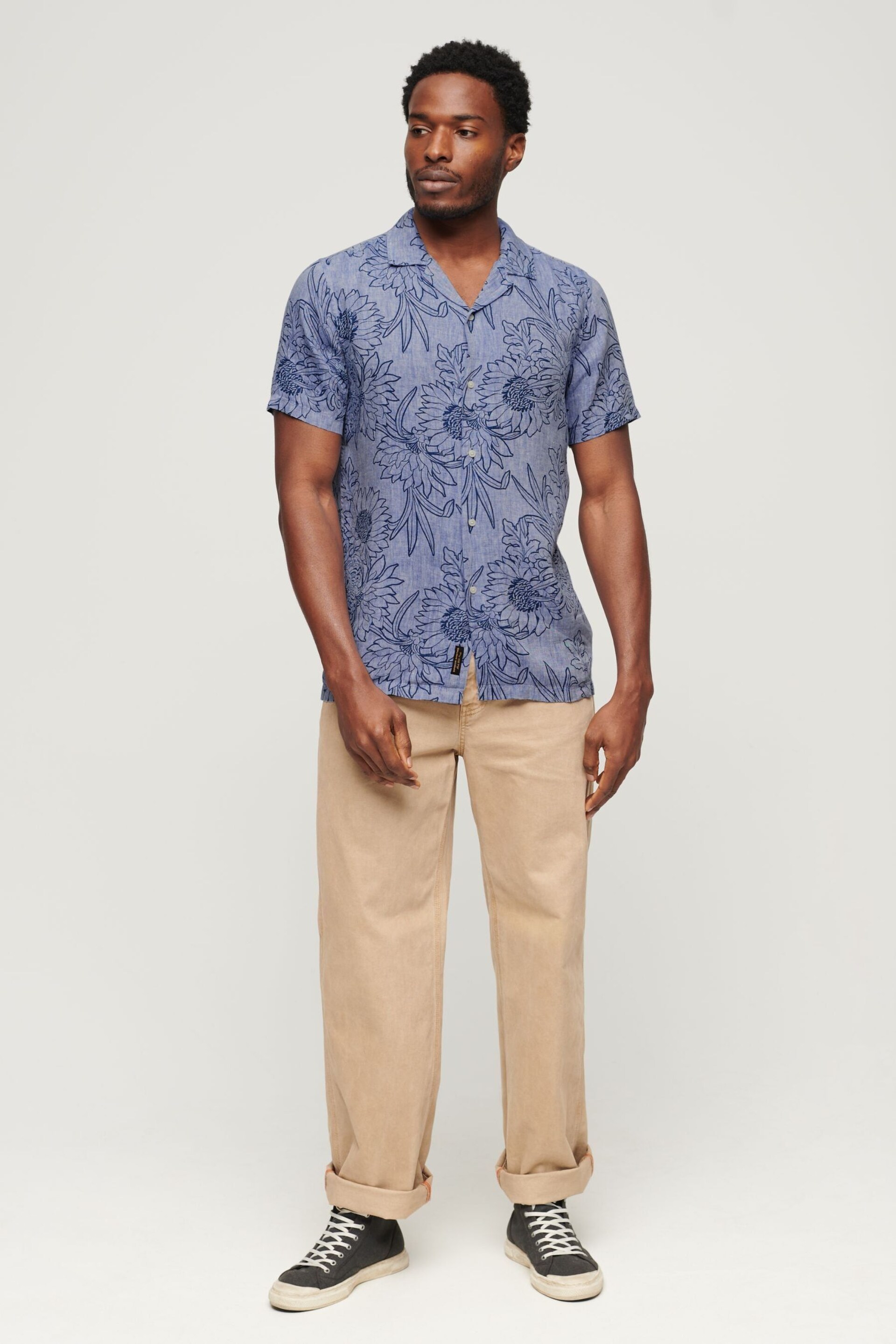 Superdry Blue Open Collar Print Linen Shirt - Image 3 of 6