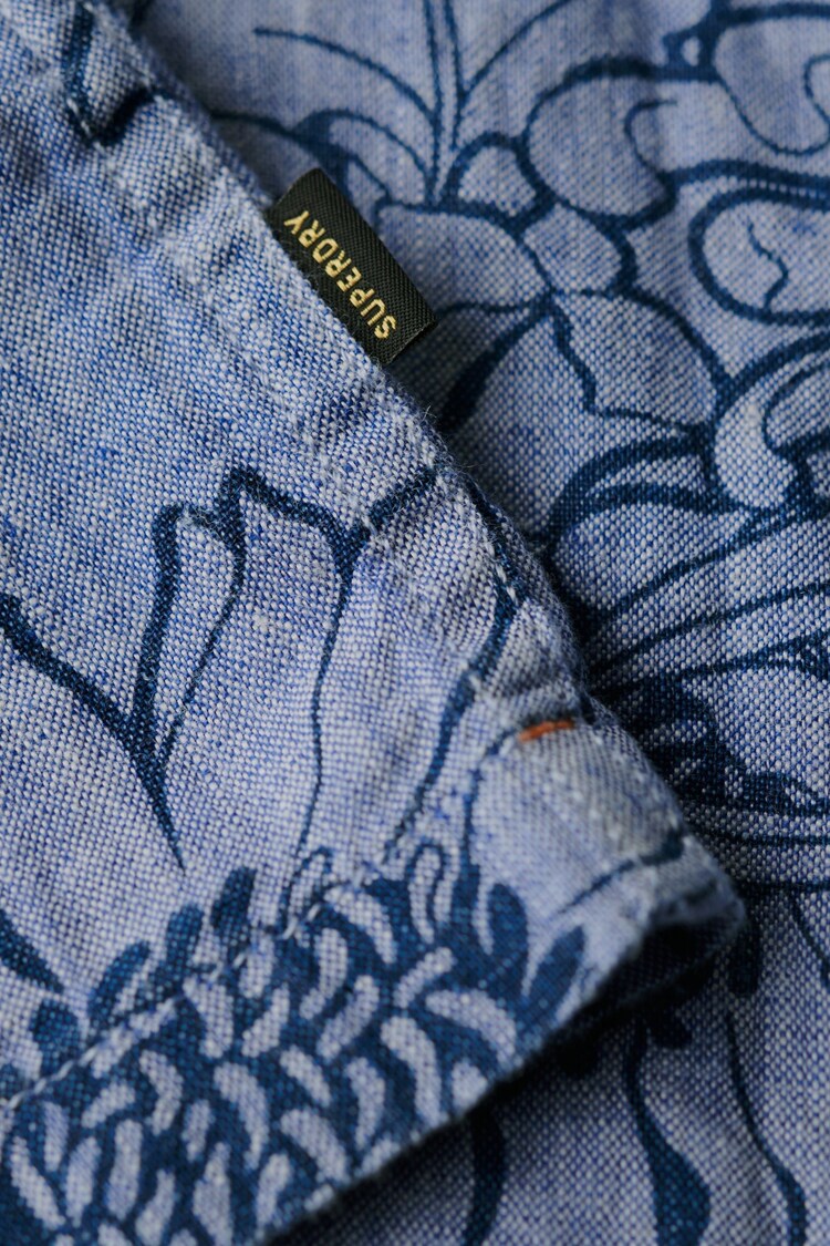 Superdry Blue Open Collar Print 100% Linen Shirt - Image 6 of 6