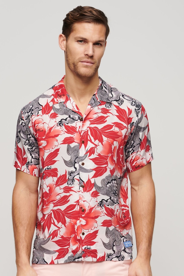 Superdry Red Multi 100% Linen Short Sleeve Hawaiian Printed Shirt - Image 1 of 7