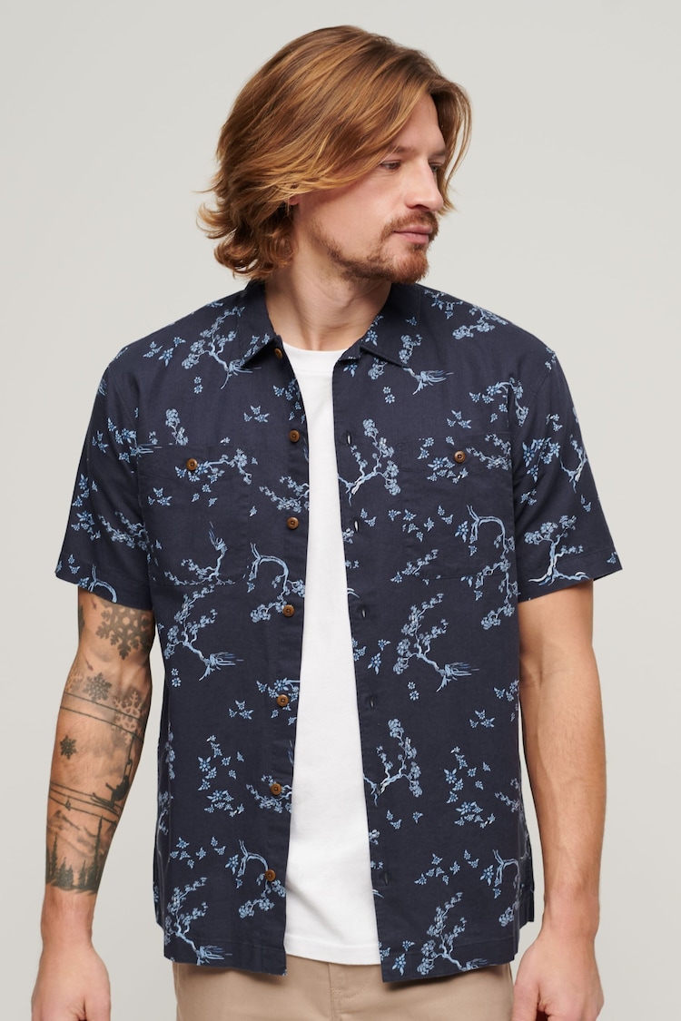 Superdry Blue Short Sleeved Cotton/Linen Blend Beach Shirt - Image 1 of 7