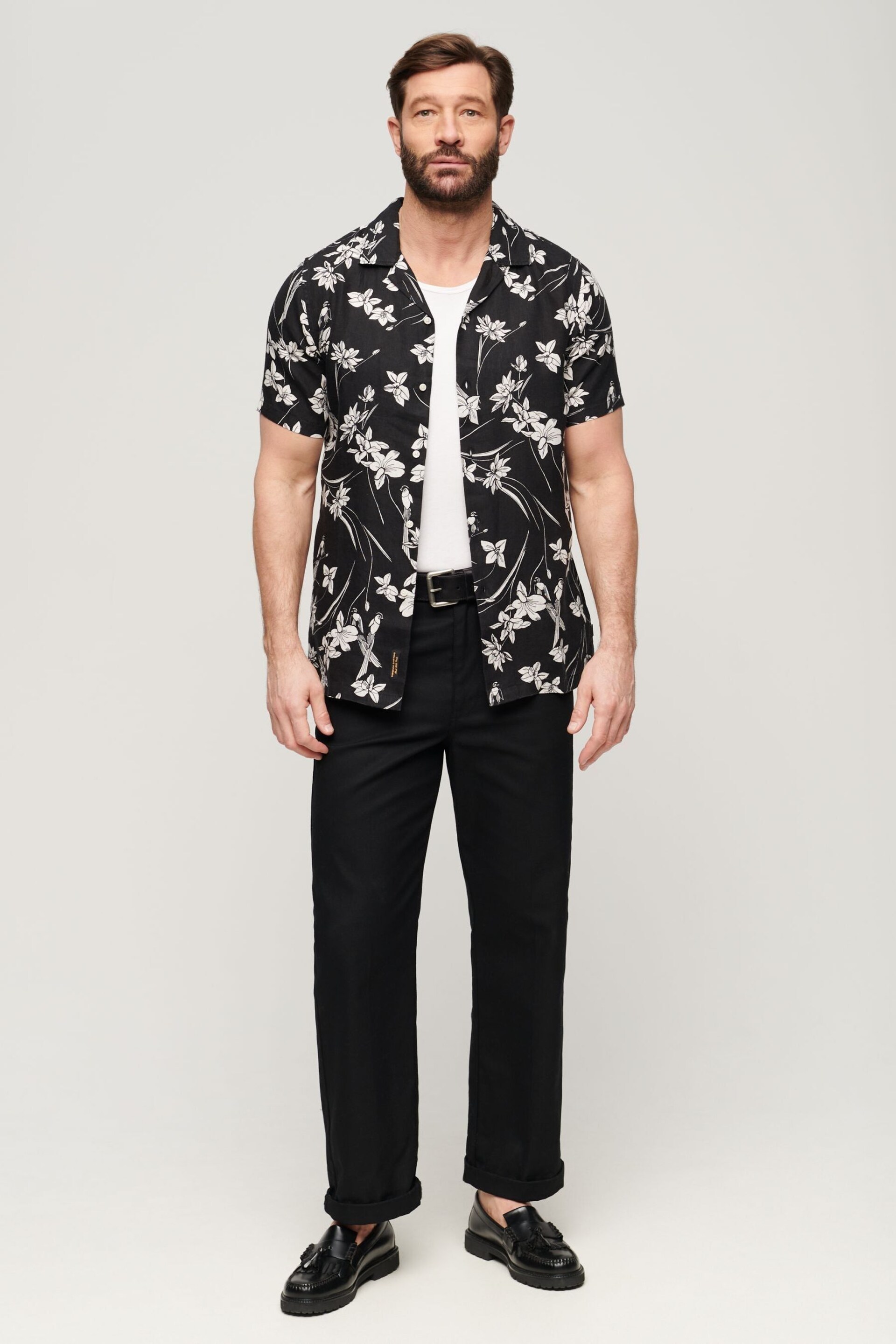 Superdry Black Open Collar Print Linen Shirt - Image 3 of 6