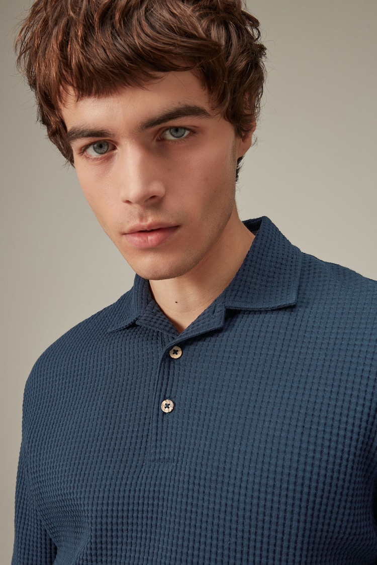 Blue Textured Waffle Polo Shirt - Image 1 of 7