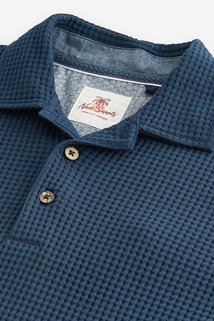 Blue Textured Waffle Polo Shirt - Image 7 of 7